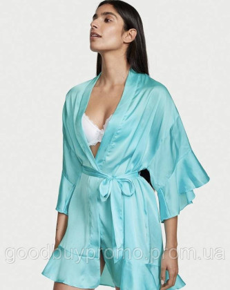 Атласний халат із воланами Victoria’s Secret Georgette Flounce Robe Cool Aqua SizeM/L